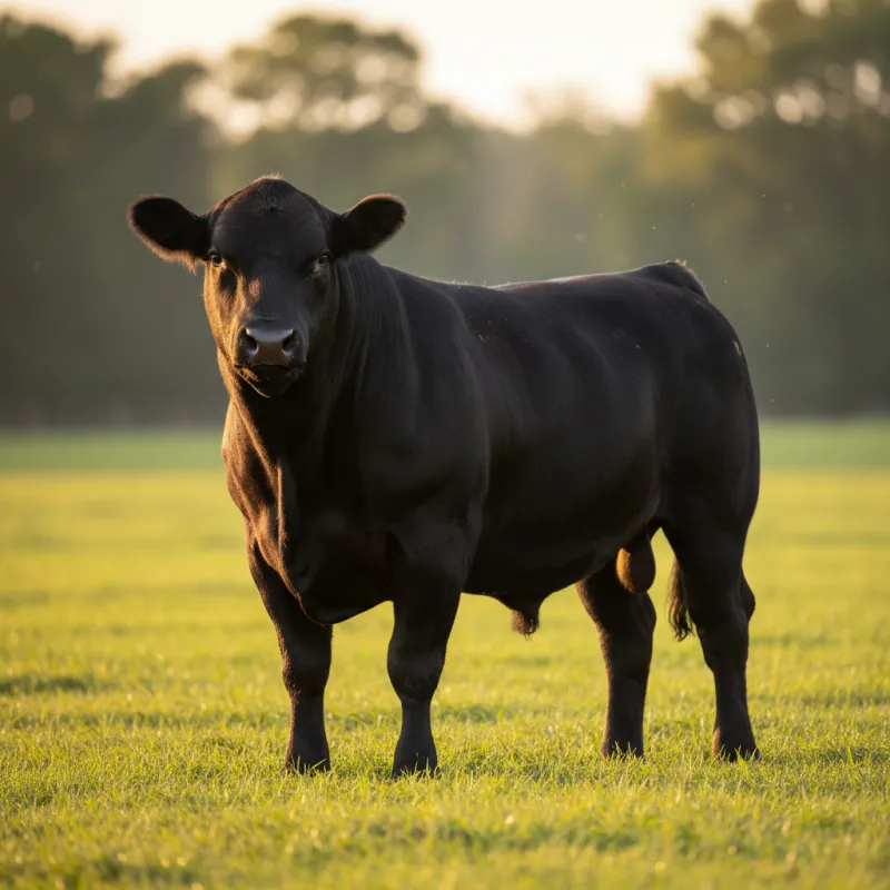 Toro Angus Negro de pelaje negro sólido sin cuernos, raza taurina cárnica reconocida por su marmoleo