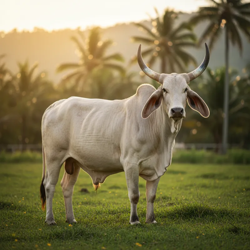 Vaca Gyr de pelaje blanco con manchas rojas, orejas largas pendulares y cuernos en forma de lira, raza lechera cebuina originaria de India
