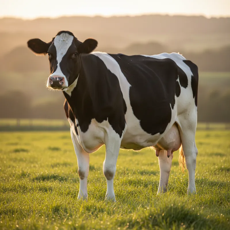 Vaca Holstein Friesian de pelaje blanco con manchas negras, raza taurina lechera de mayor producción mundial
