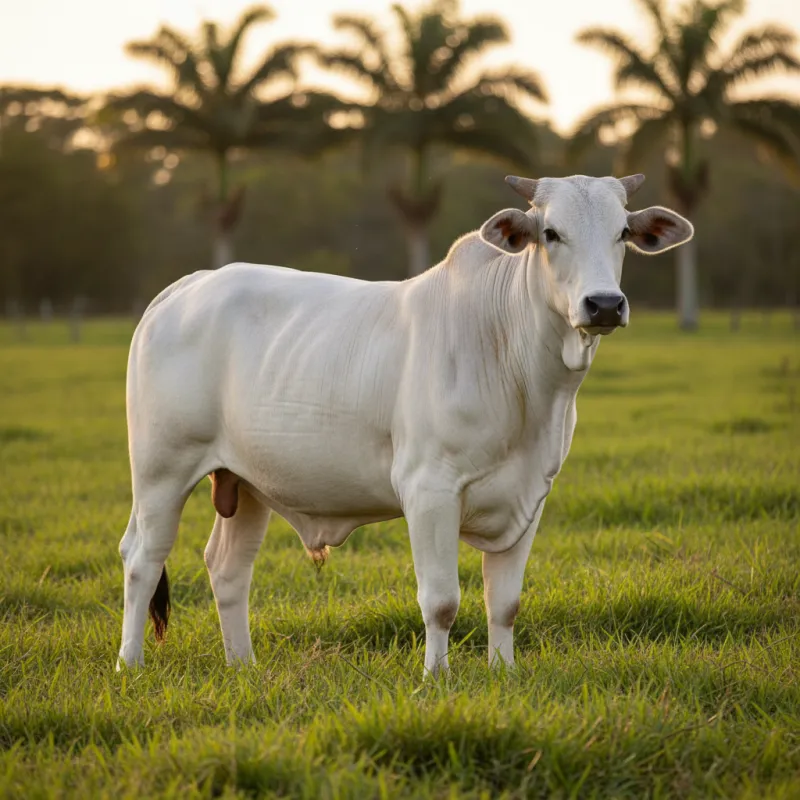 Bovino Nelore de pelaje blanco, orejas cortas y cuernos oscuros, raza cebuina cárnica predominante en Brasil